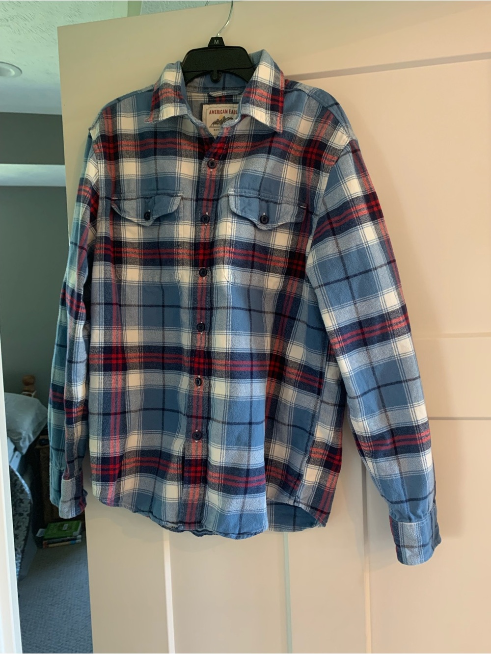 American Eagle Outfitters Blue and Red Plaid Button-Down Shirt